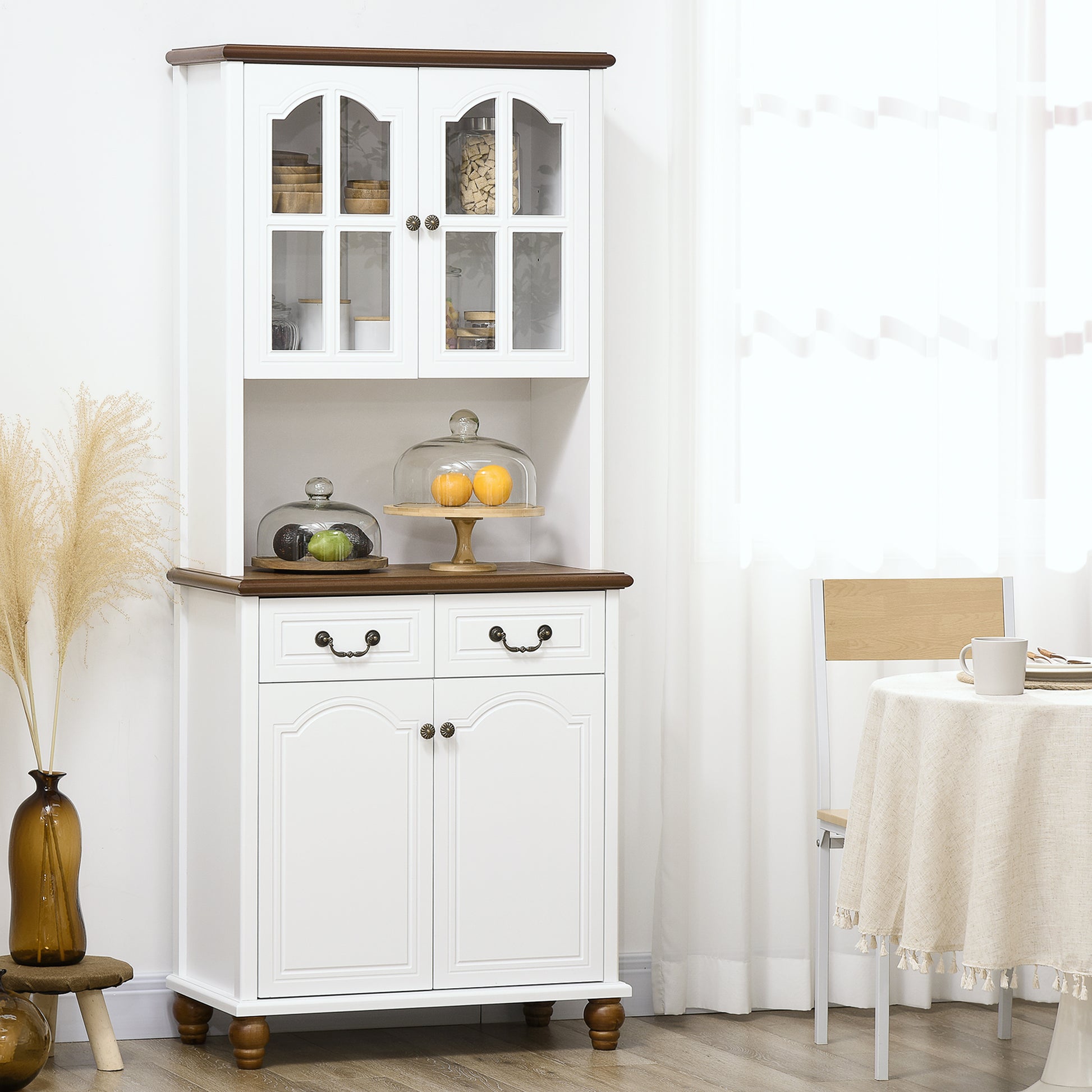 Kitchen Cabinet Tall Cupboard with Worktop, 4 Doors and 2 Drawers Buffet Cabinet Microwave Cabinet with Adjustable Shelves, Soft-Close Function, White, 76 x 38 x 182 cm