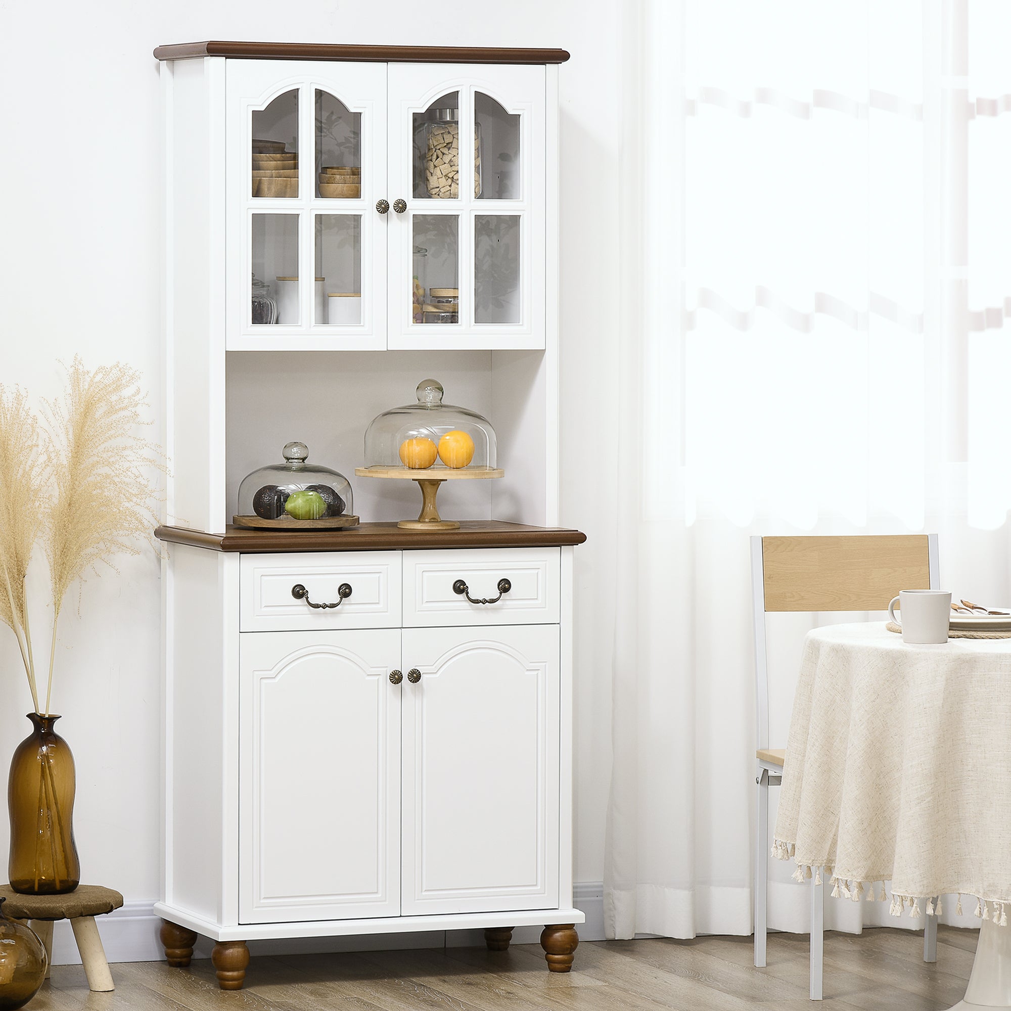 Kitchen Cabinet Tall Cupboard with Worktop, 4 Doors and 2 Drawers Buffet Cabinet Microwave Cabinet with Adjustable Shelves, Soft-Close Function, White, 76 x 38 x 182 cm