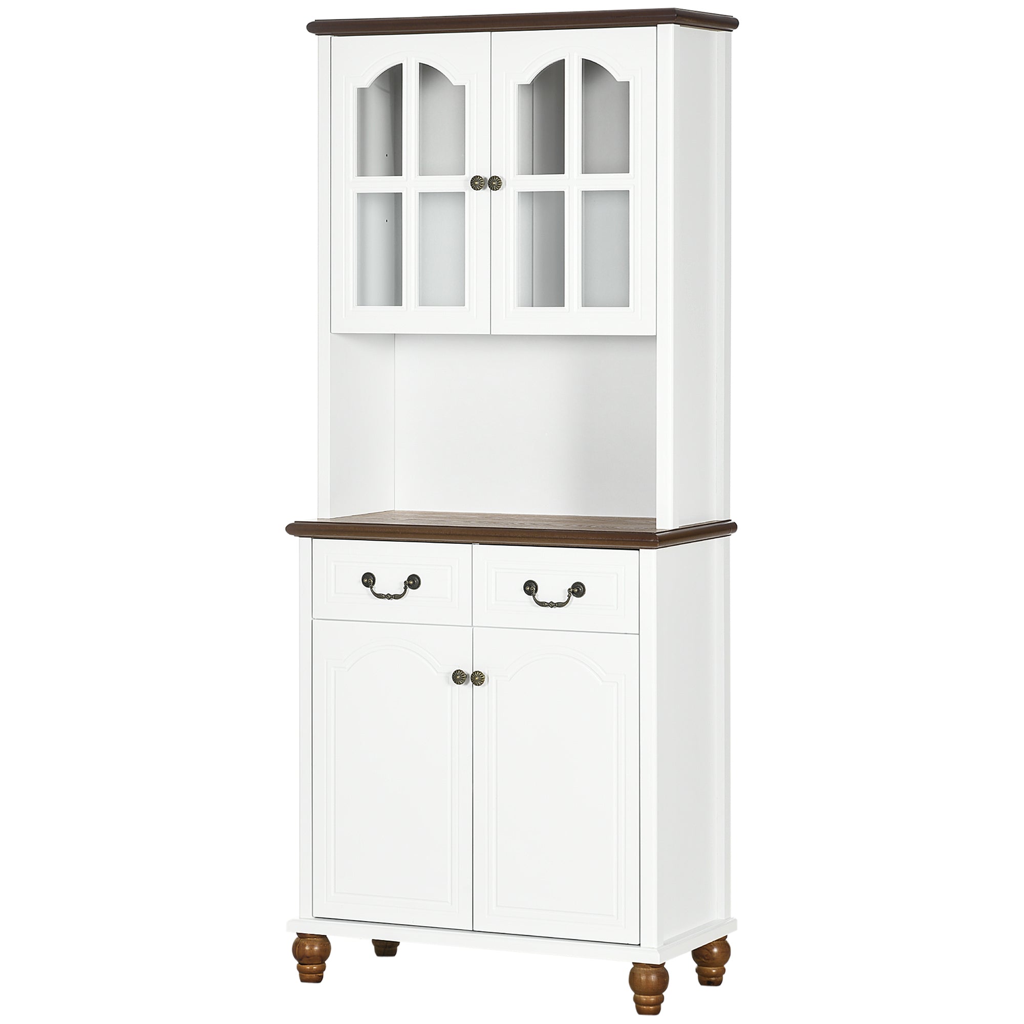 Kitchen Cabinet Tall Cupboard with Worktop, 4 Doors and 2 Drawers Buffet Cabinet Microwave Cabinet with Adjustable Shelves, Soft-Close Function, White, 76 x 38 x 182 cm