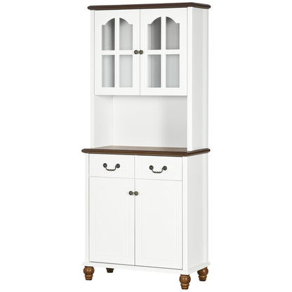 Kitchen Cabinet Tall Cupboard with Worktop, 4 Doors and 2 Drawers Buffet Cabinet Microwave Cabinet with Adjustable Shelves, Soft-Close Function, White, 76 x 38 x 182 cm