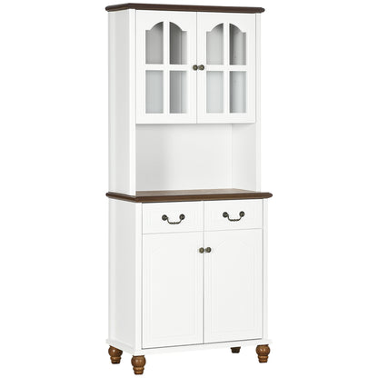 Kitchen Cabinet Tall Cupboard with Worktop, 4 Doors and 2 Drawers Buffet Cabinet Microwave Cabinet with Adjustable Shelves, Soft-Close Function, White, 76 x 38 x 182 cm