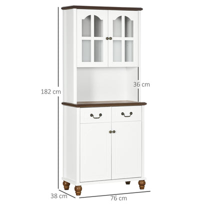 Kitchen Cabinet Tall Cupboard with Worktop, 4 Doors and 2 Drawers Buffet Cabinet Microwave Cabinet with Adjustable Shelves, Soft-Close Function, White, 76 x 38 x 182 cm
