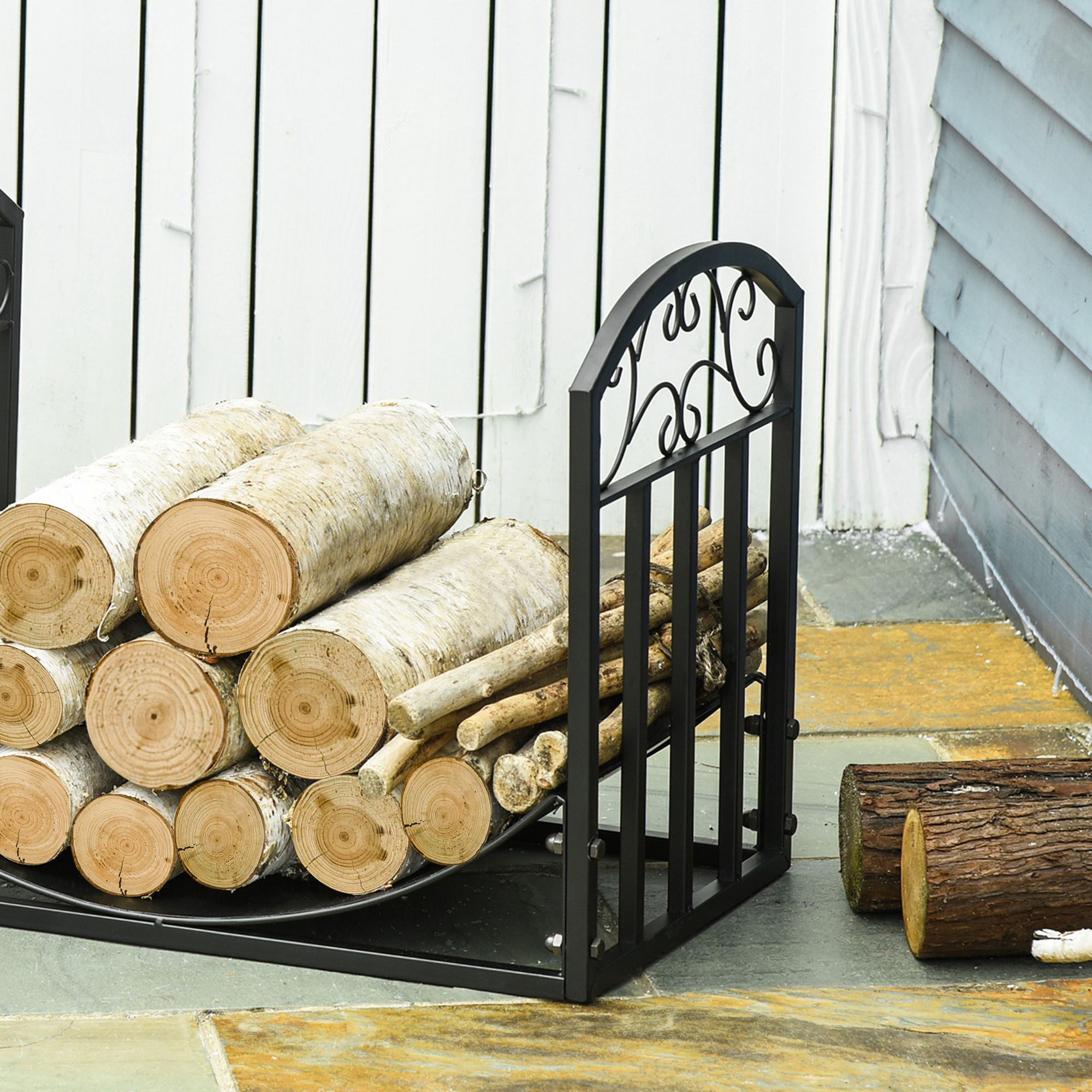 Fireplace Log Rack Firewood Stand 60 kg Capacity Log Holder Firewood Storage Rack Fireplace Tool Metal Black 60.5 x 36 x 46.5 cm