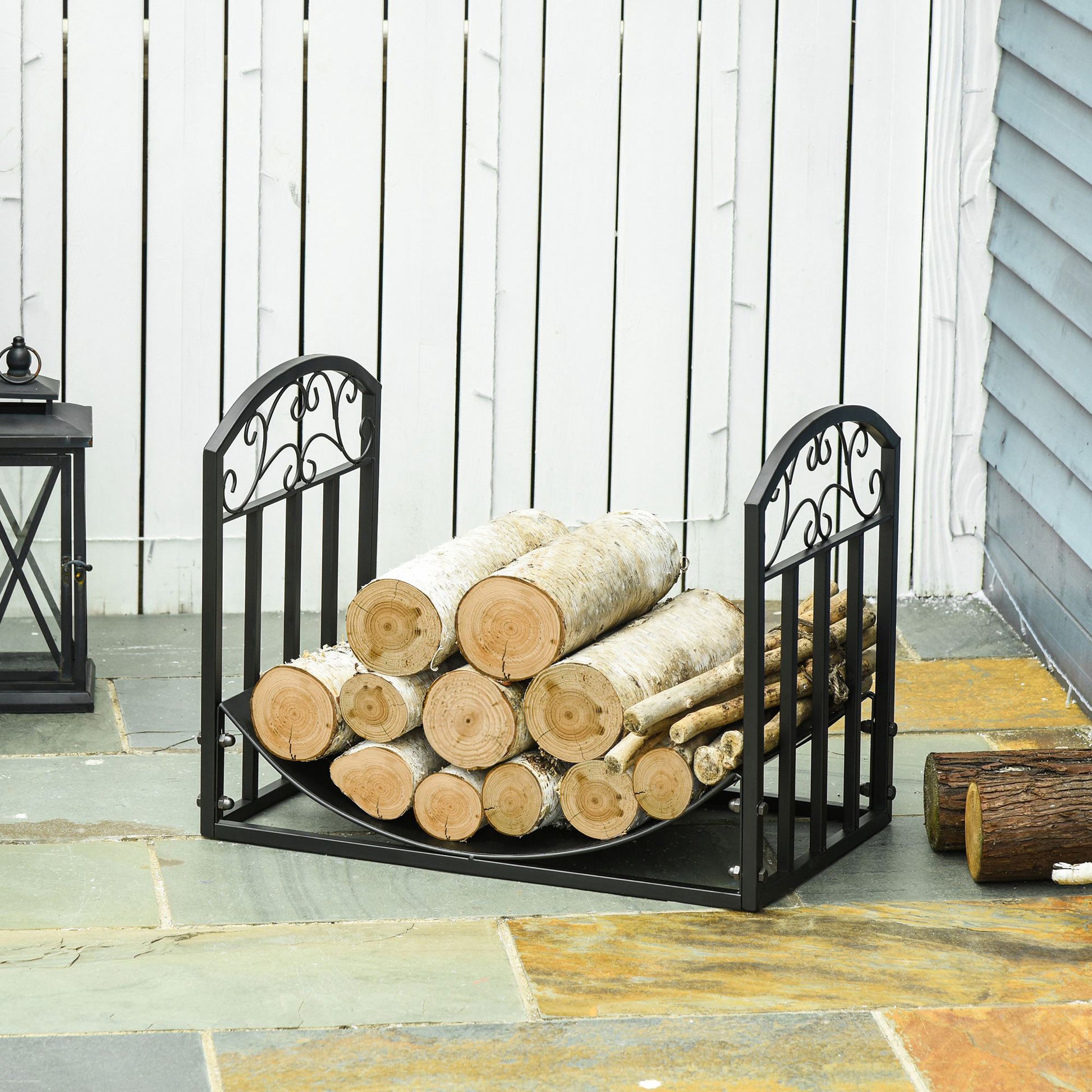Fireplace Log Rack Firewood Stand 60 kg Capacity Log Holder Firewood Storage Rack Fireplace Tool Metal Black 60.5 x 36 x 46.5 cm