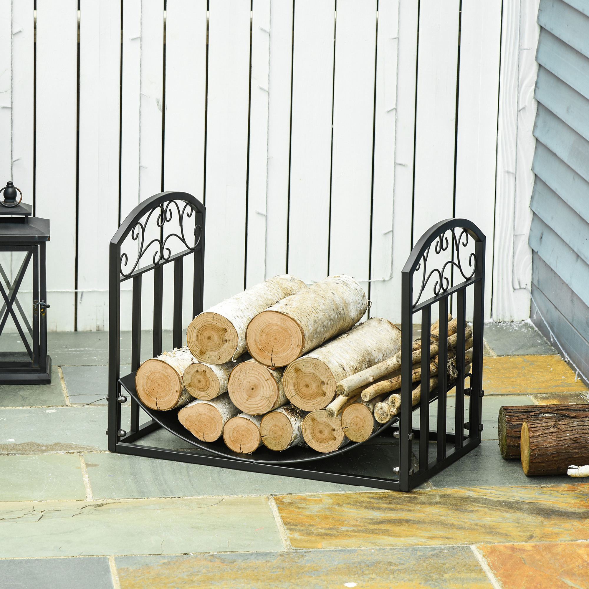 Fireplace Log Rack Firewood Stand 60 kg Capacity Log Holder Firewood Storage Rack Fireplace Tool Metal Black 60.5 x 36 x 46.5 cm