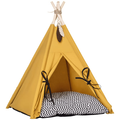 Tipi Tent for Pets, Cat Tent with Removable and Washable Cushion, Cat House with Non-Slip Bottom, Toy Ball, for Cats under 5kg, Mini Dogs, 60 x 60 x 76 cm, Yellow