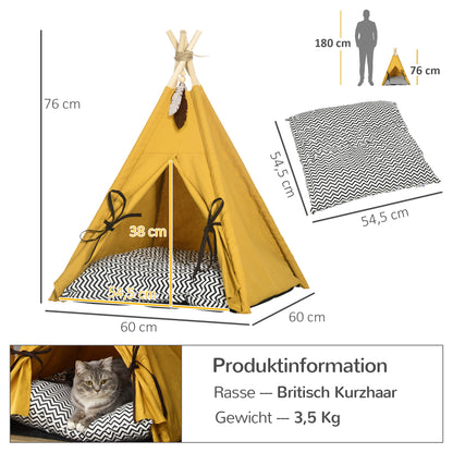 Tipi Tent for Pets, Cat Tent with Removable and Washable Cushion, Cat House with Non-Slip Bottom, Toy Ball, for Cats under 5kg, Mini Dogs, 60 x 60 x 76 cm, Yellow