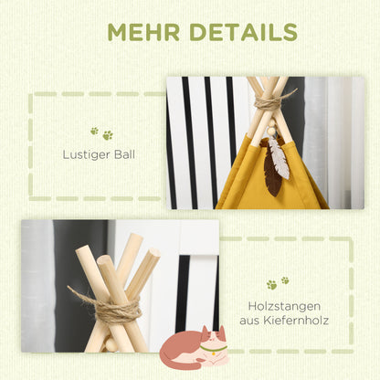 Tipi Tent for Pets, Cat Tent with Removable and Washable Cushion, Cat House with Non-Slip Bottom, Toy Ball, for Cats under 5kg, Mini Dogs, 60 x 60 x 76 cm, Yellow