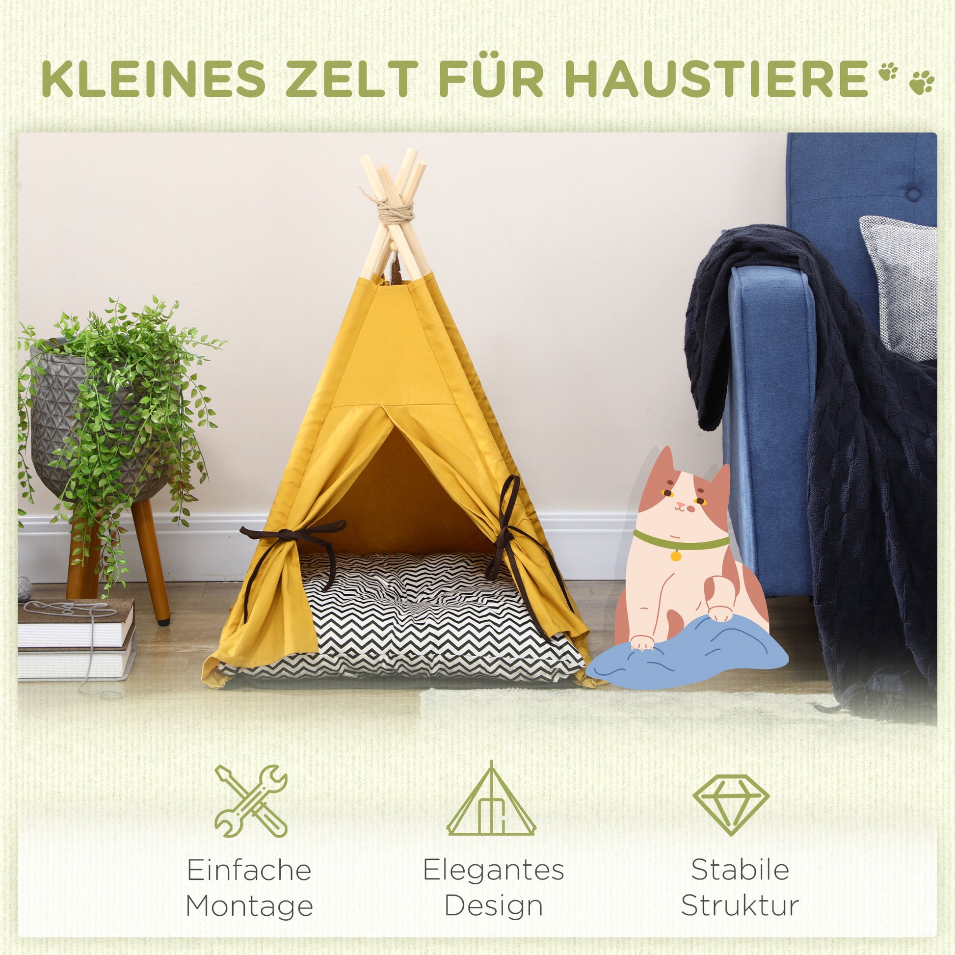 Tipi Tent for Pets, Cat Tent with Removable and Washable Cushion, Cat House with Non-Slip Bottom, Toy Ball, for Cats under 5kg, Mini Dogs, 60 x 60 x 76 cm, Yellow