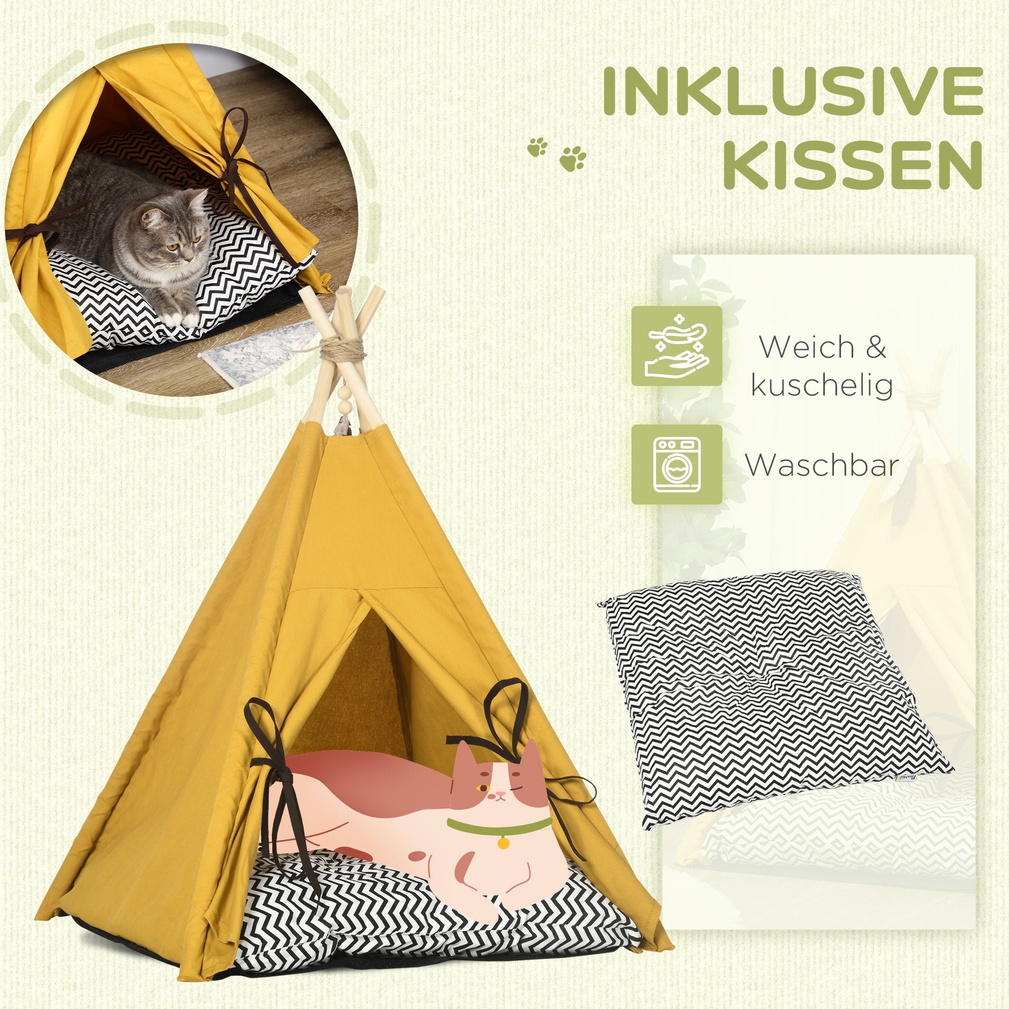 Tipi Tent for Pets, Cat Tent with Removable and Washable Cushion, Cat House with Non-Slip Bottom, Toy Ball, for Cats under 5kg, Mini Dogs, 60 x 60 x 76 cm, Yellow