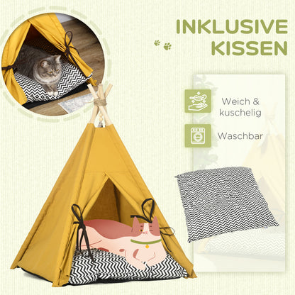 Tipi Tent for Pets, Cat Tent with Removable and Washable Cushion, Cat House with Non-Slip Bottom, Toy Ball, for Cats under 5kg, Mini Dogs, 60 x 60 x 76 cm, Yellow