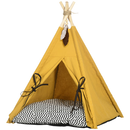 Tipi Tent for Pets, Cat Tent with Removable and Washable Cushion, Cat House with Non-Slip Bottom, Toy Ball, for Cats under 5kg, Mini Dogs, 60 x 60 x 76 cm, Yellow