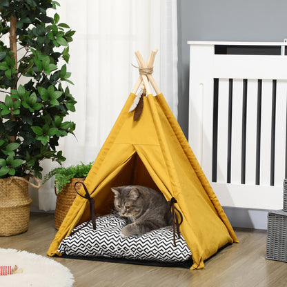 Tipi Tent for Pets, Cat Tent with Removable and Washable Cushion, Cat House with Non-Slip Bottom, Toy Ball, for Cats under 5kg, Mini Dogs, 60 x 60 x 76 cm, Yellow