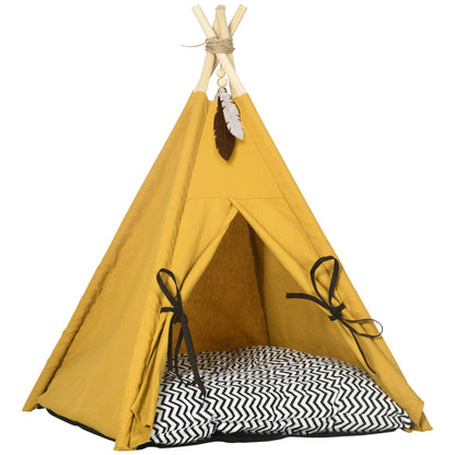 Tipi Tent for Pets, Cat Tent with Removable and Washable Cushion, Cat House with Non-Slip Bottom, Toy Ball, for Cats under 5kg, Mini Dogs, 60 x 60 x 76 cm, Yellow