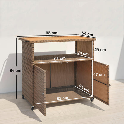 Rattan Serving Cart with FSC Eucalyptus Wood Top, Shelf, Wheels & Side Handle — Outdoor Bar/Grill Cart for Garden, Pool & Patio (95 x 54 x 84 cm / 37.4 x 21.3 x 33.1 in)