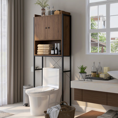 Toilet Shelf Cabinet Bathroom Storage Unit with 2 Doors and Niche - Brown Black 68 x 25.5 x 172.5 cm