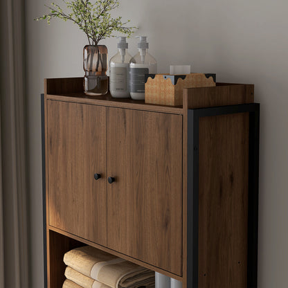 Toilet Shelf Cabinet Bathroom Storage Unit with 2 Doors and Niche - Brown Black 68 x 25.5 x 172.5 cm
