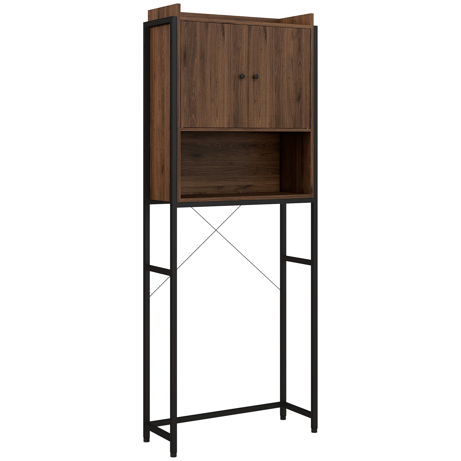 Toilet Shelf Cabinet Bathroom Storage Unit with 2 Doors and Niche - Brown Black 68 x 25.5 x 172.5 cm