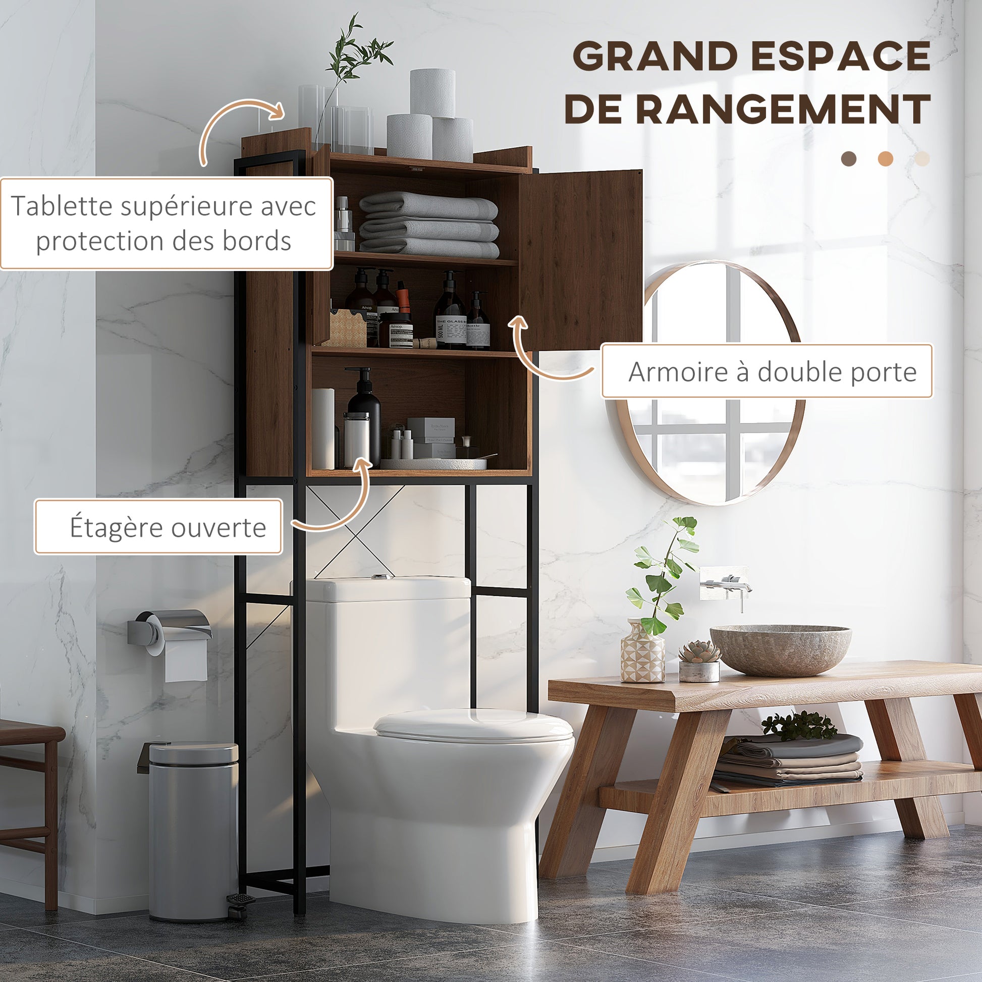 Toilet Shelf Cabinet Bathroom Storage Unit with 2 Doors and Niche - Brown Black 68 x 25.5 x 172.5 cm