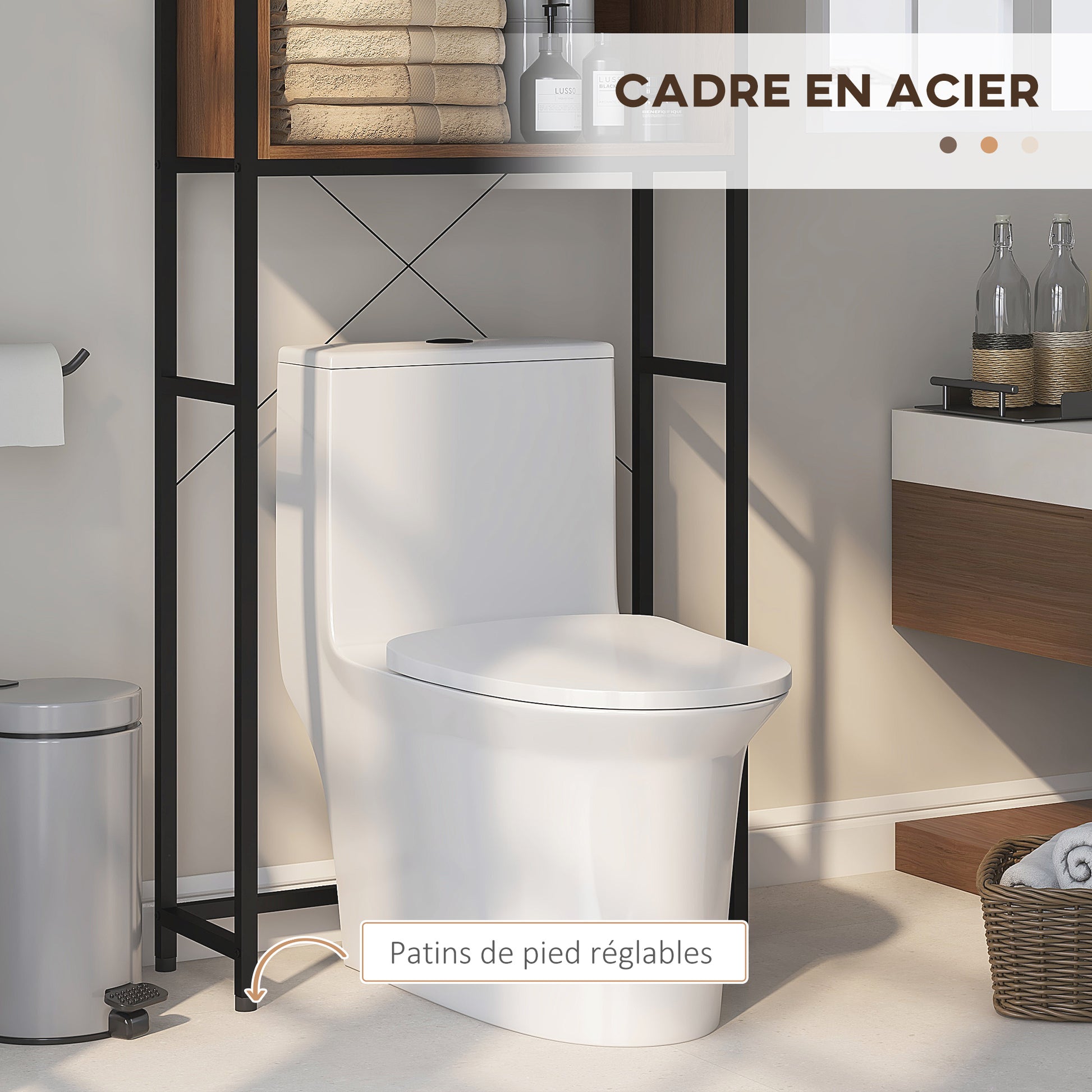 Toilet Shelf Cabinet Bathroom Storage Unit with 2 Doors and Niche - Brown Black 68 x 25.5 x 172.5 cm