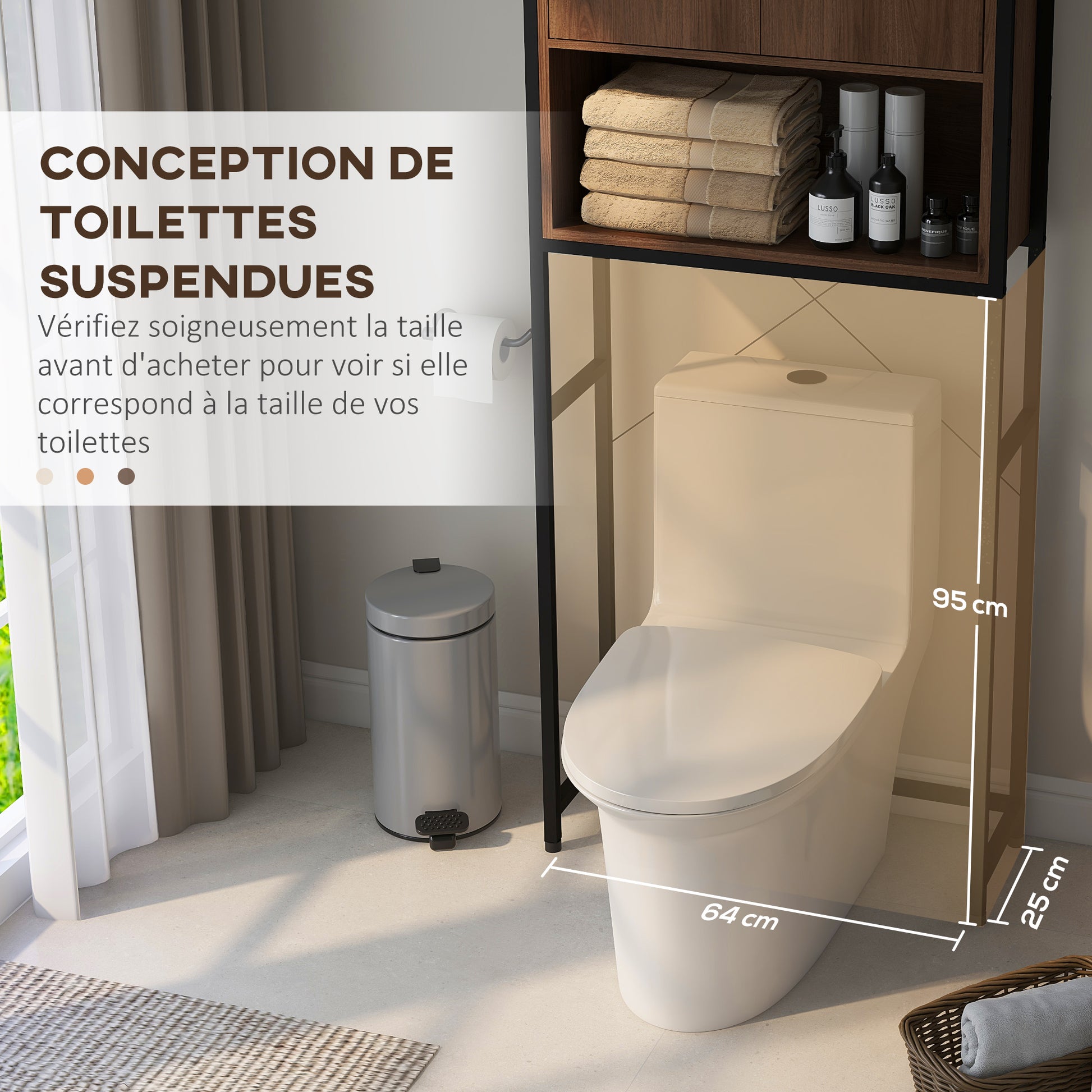 Toilet Shelf Cabinet Bathroom Storage Unit with 2 Doors and Niche - Brown Black 68 x 25.5 x 172.5 cm