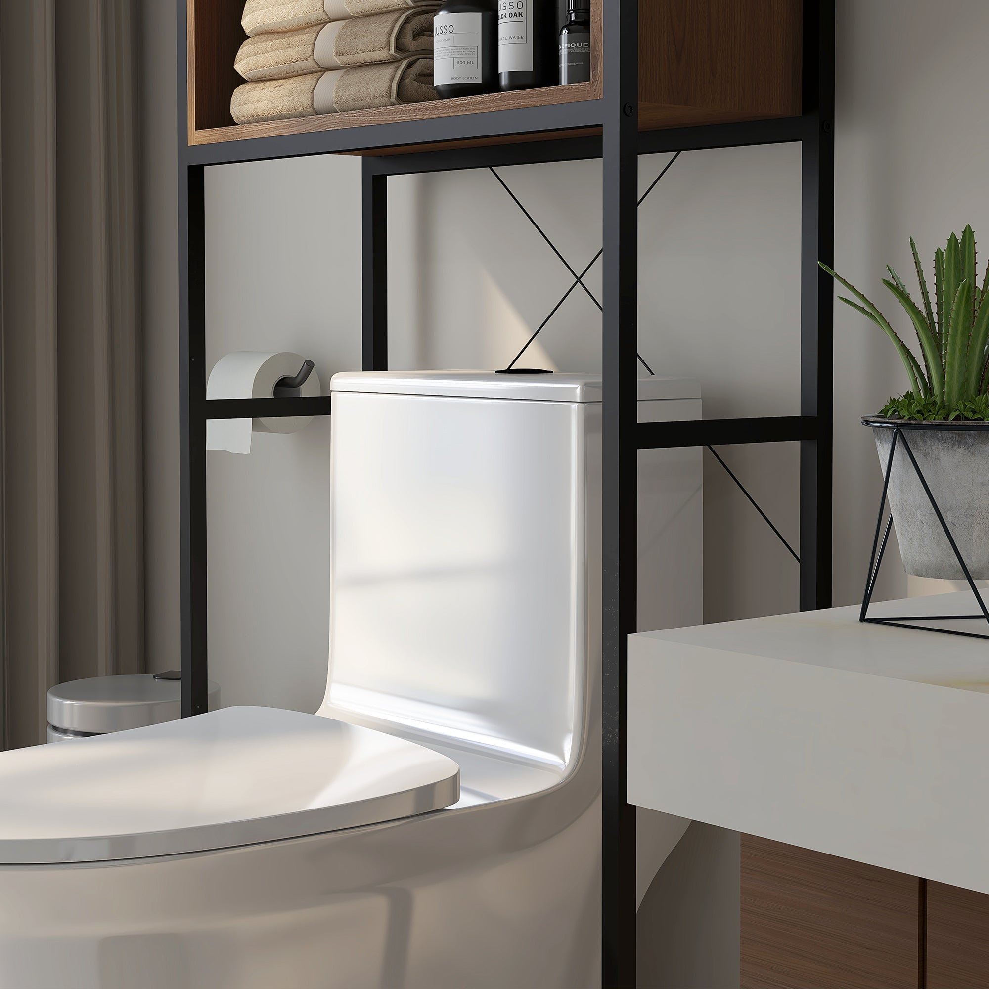 Toilet Shelf Cabinet Bathroom Storage Unit with 2 Doors and Niche - Brown Black 68 x 25.5 x 172.5 cm