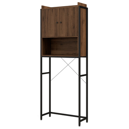 Toilet Shelf Cabinet Bathroom Storage Unit with 2 Doors and Niche - Brown Black 68 x 25.5 x 172.5 cm