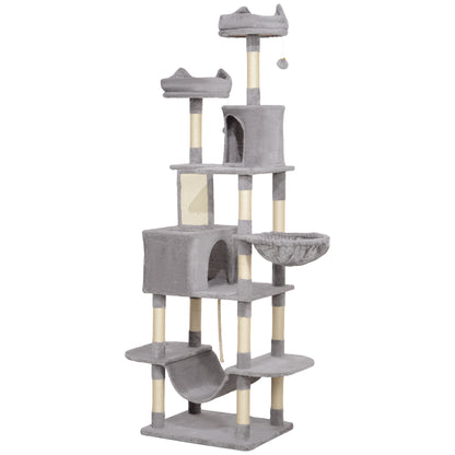 Cat Scratching Post Large Height 206 cm Cat Tree Tower with Platforms Caves Hanging Balls and Hammocks Light Gray