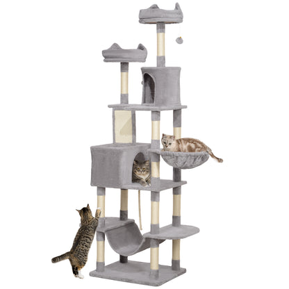 Cat Scratching Post Large Height 206 cm Cat Tree Tower with Platforms Caves Hanging Balls and Hammocks Light Gray
