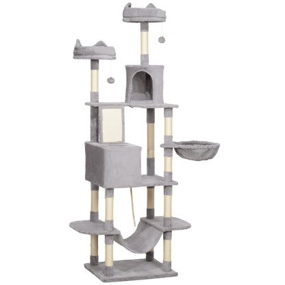 Cat Scratching Post Large Height 206 cm Cat Tree Tower with Platforms Caves Hanging Balls and Hammocks Light Gray