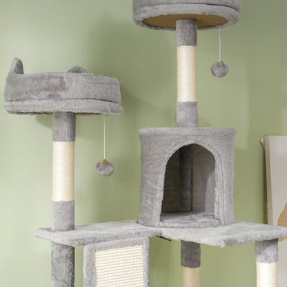 Cat Scratching Post Large Height 206 cm Cat Tree Tower with Platforms Caves Hanging Balls and Hammocks Light Gray