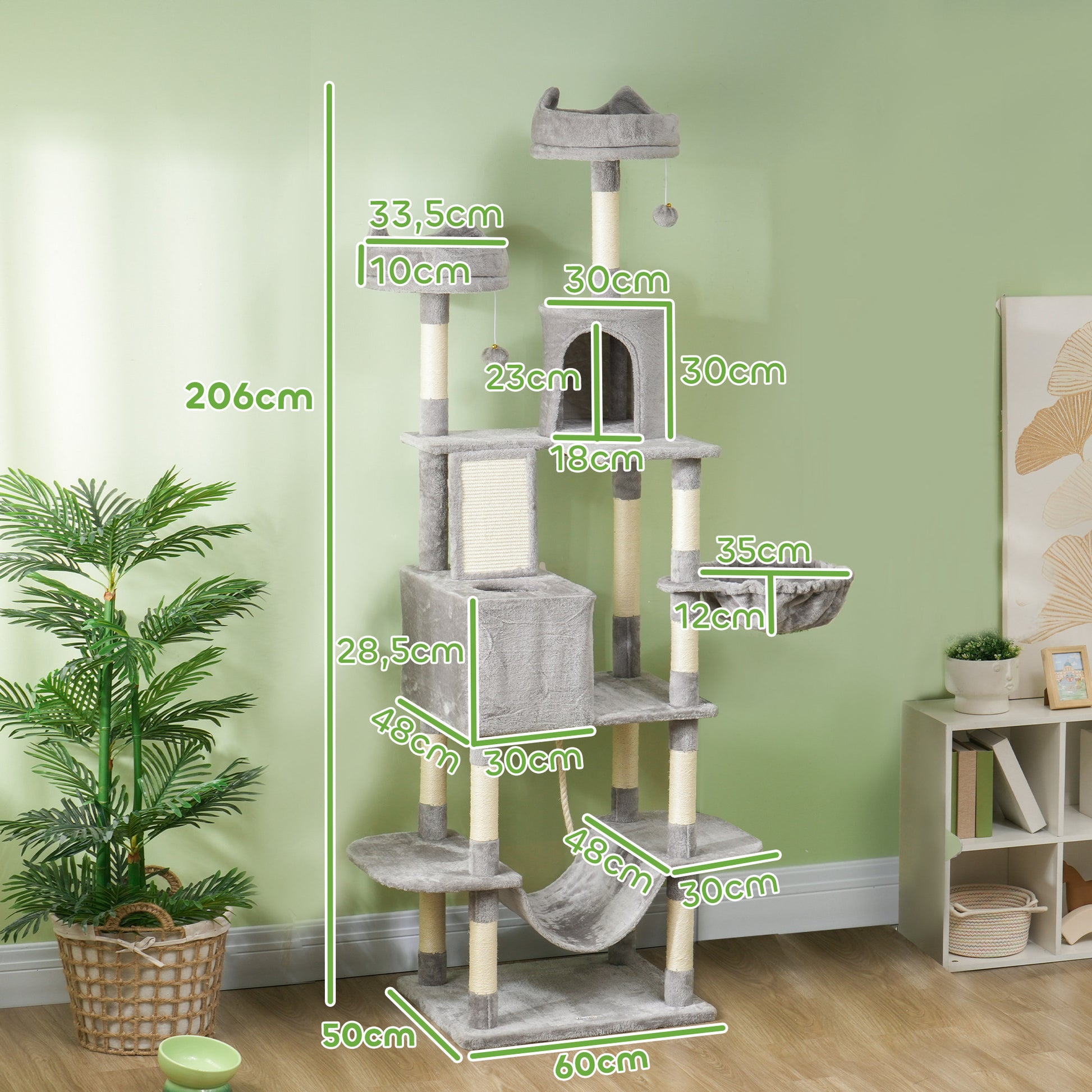 Cat Scratching Post Large Height 206 cm Cat Tree Tower with Platforms Caves Hanging Balls and Hammocks Light Gray