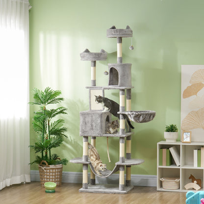Cat Scratching Post Large Height 206 cm Cat Tree Tower with Platforms Caves Hanging Balls and Hammocks Light Gray