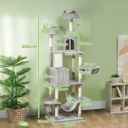 Cat Scratching Post Large Height 206 cm Cat Tree Tower with Platforms Caves Hanging Balls and Hammocks Light Gray