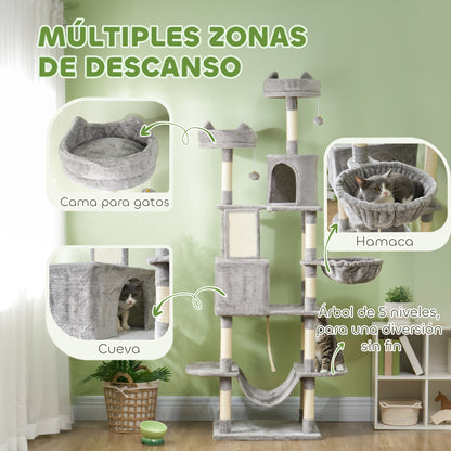 Cat Scratching Post Large Height 206 cm Cat Tree Tower with Platforms Caves Hanging Balls and Hammocks Light Gray