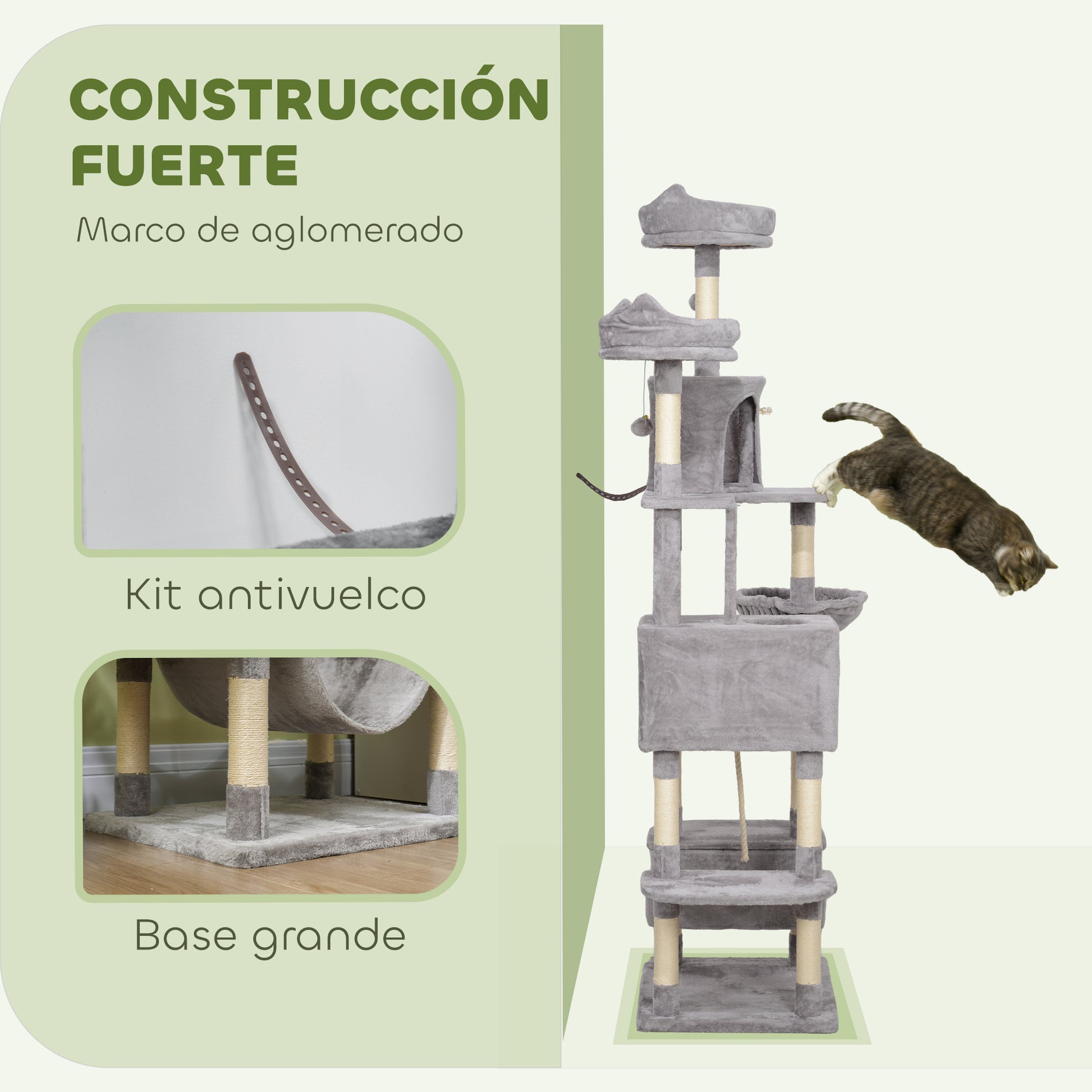 Cat Scratching Post Large Height 206 cm Cat Tree Tower with Platforms Caves Hanging Balls and Hammocks Light Gray