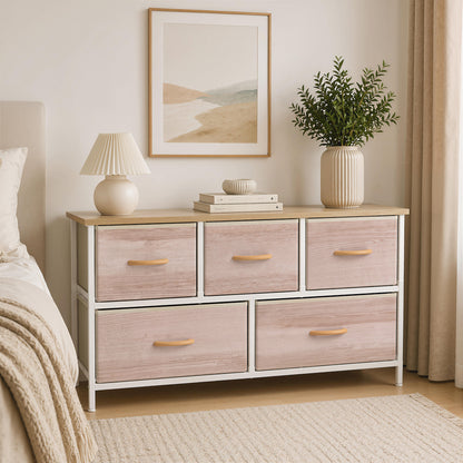 5-Drawer Fabric Dresser with Metal Frame — Bedroom, Living Room & Office Chest, Natural Wood/White