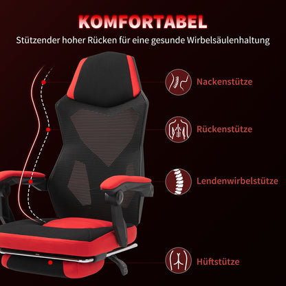 Ergonomic Office Chair, Gaming Chair, Swivel Chair with Footrest, PC Chair, Executive Chair, adjustable height, Polyester, Black+Red, 58 x 63 x 112-122 cm