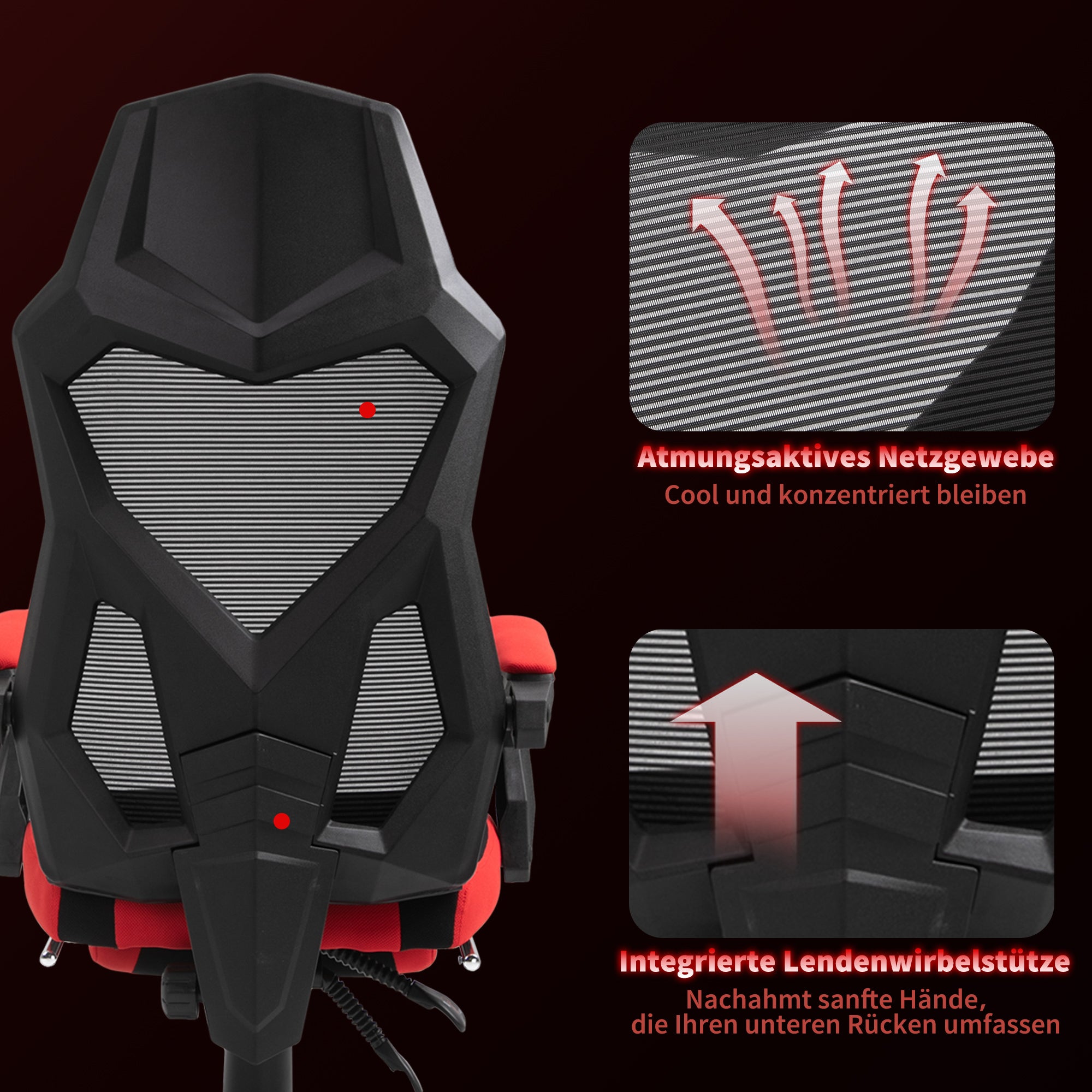 Ergonomic Office Chair, Gaming Chair, Swivel Chair with Footrest, PC Chair, Executive Chair, adjustable height, Polyester, Black+Red, 58 x 63 x 112-122 cm
