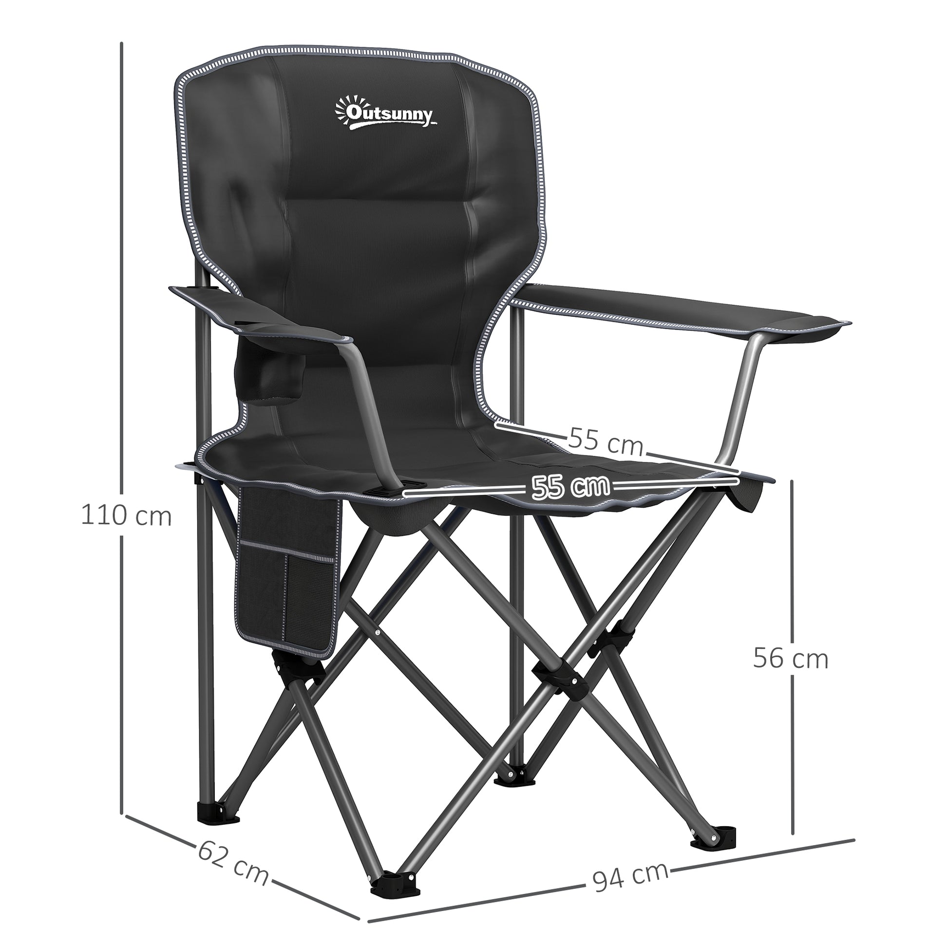 Folding Camping Chair, Portable Fishing Chair, Padded Seat, Cup Holders, Side Pockets, and Carry Bag, Foldable Chair for Hiking, Fishing, Beach, and Picnic, Black