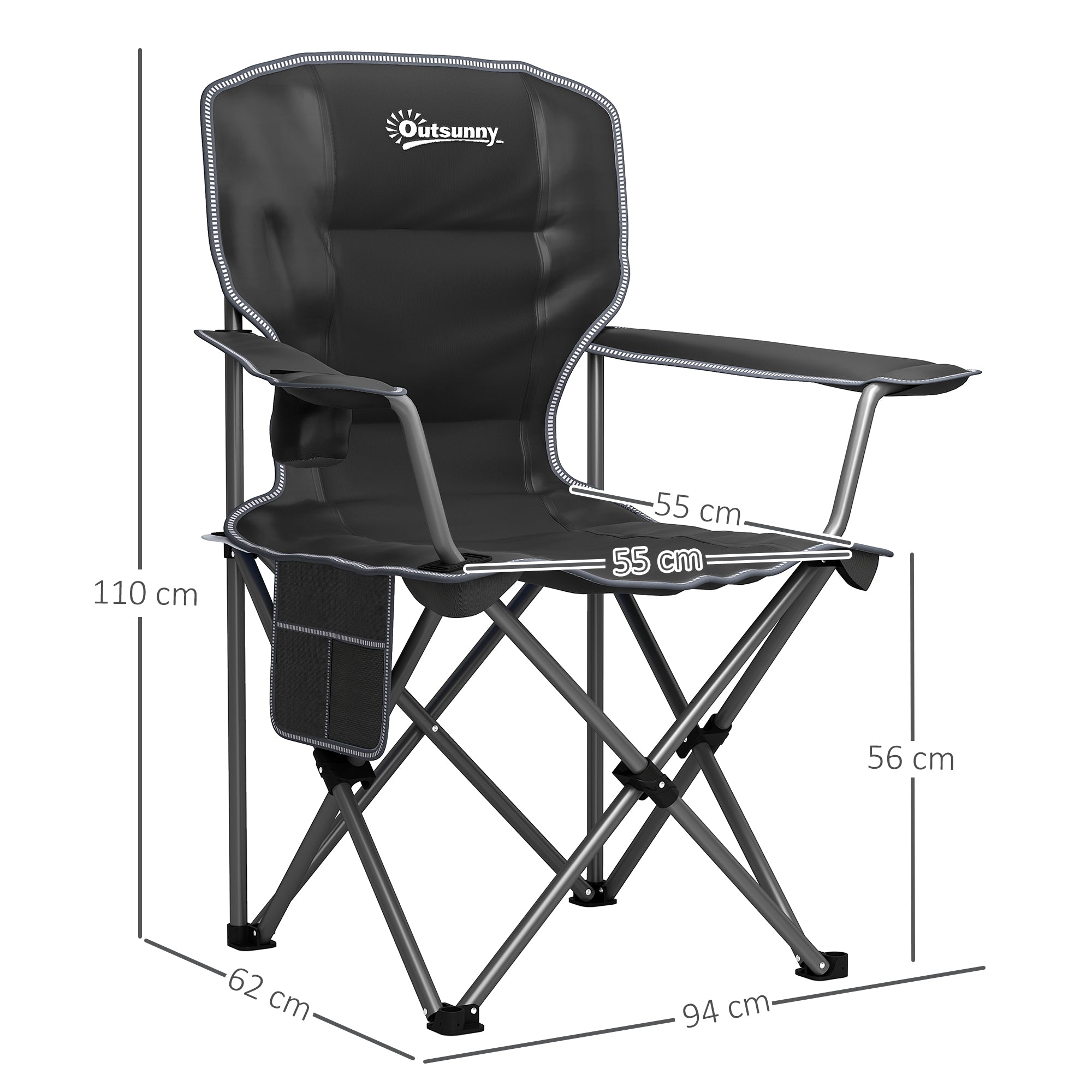 Folding Camping Chair, Portable Fishing Chair, Padded Seat, Cup Holders, Side Pockets, and Carry Bag, Foldable Chair for Hiking, Fishing, Beach, and Picnic, Black