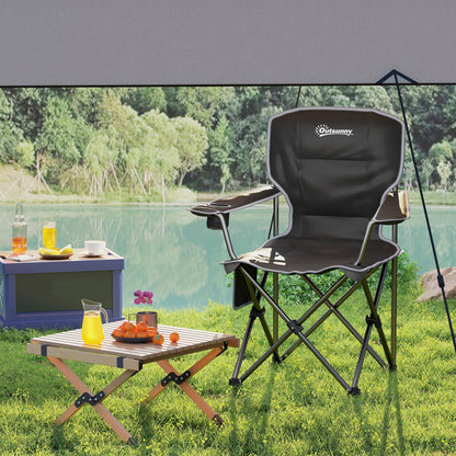 Folding Camping Chair, Portable Fishing Chair, Padded Seat, Cup Holders, Side Pockets, and Carry Bag, Foldable Chair for Hiking, Fishing, Beach, and Picnic, Black