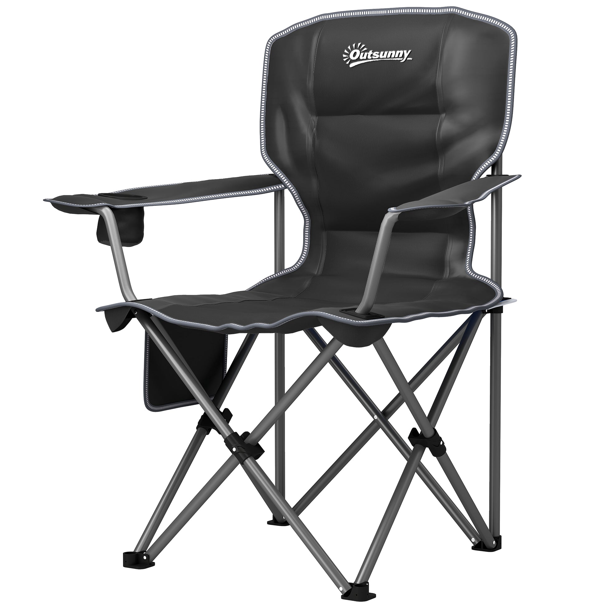 Folding Camping Chair, Portable Fishing Chair, Padded Seat, Cup Holders, Side Pockets, and Carry Bag, Foldable Chair for Hiking, Fishing, Beach, and Picnic, Black