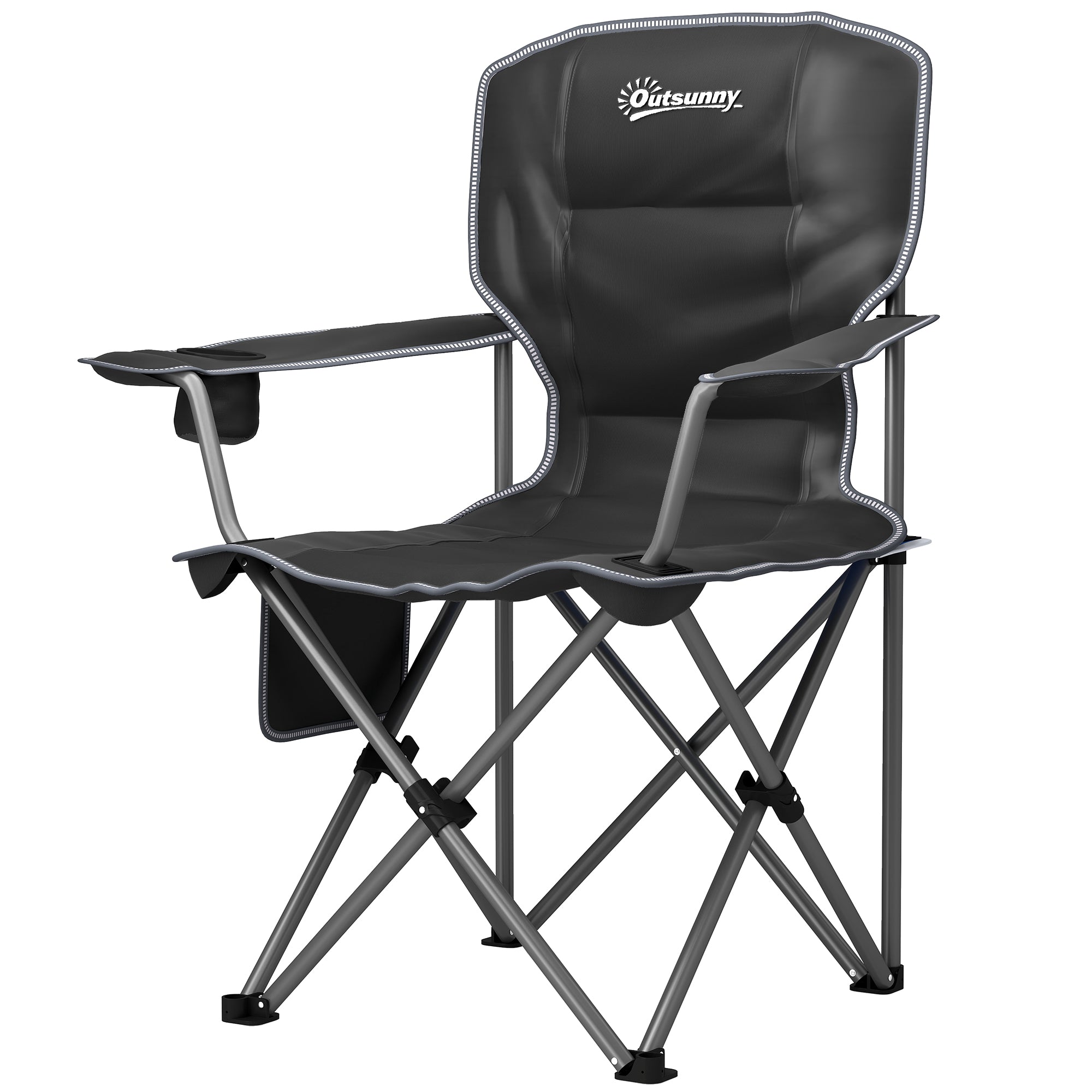 Folding Camping Chair, Portable Fishing Chair, Padded Seat, Cup Holders, Side Pockets, and Carry Bag, Foldable Chair for Hiking, Fishing, Beach, and Picnic, Black