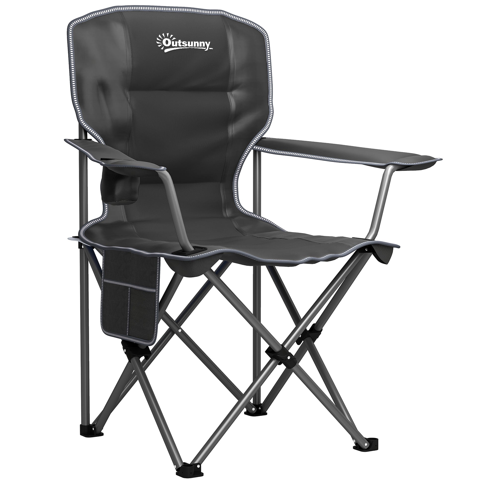 Folding Camping Chair, Portable Fishing Chair, Padded Seat, Cup Holders, Side Pockets, and Carry Bag, Foldable Chair for Hiking, Fishing, Beach, and Picnic, Black