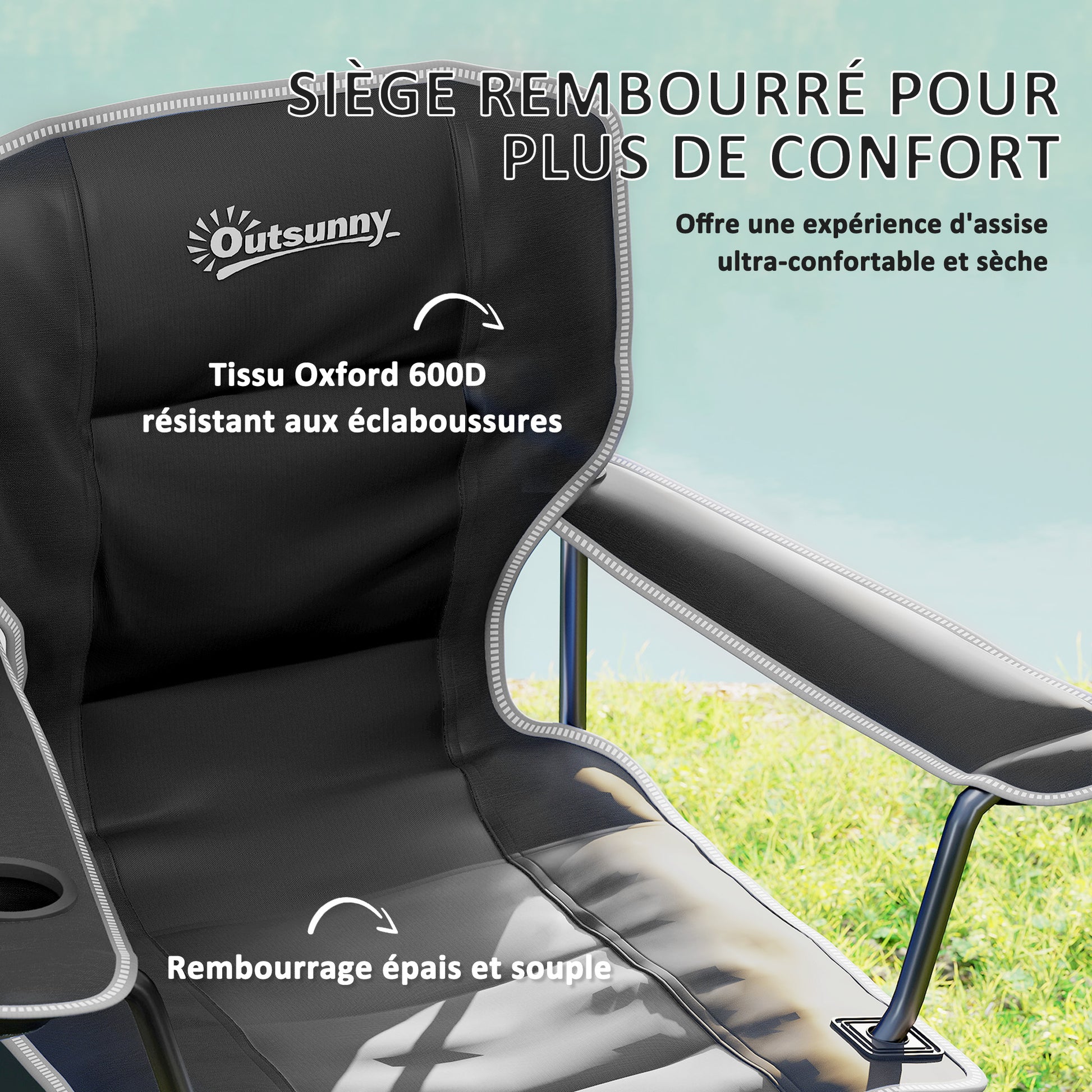 Folding Camping Chair, Portable Fishing Chair, Padded Seat, Cup Holders, Side Pockets, and Carry Bag, Foldable Chair for Hiking, Fishing, Beach, and Picnic, Black