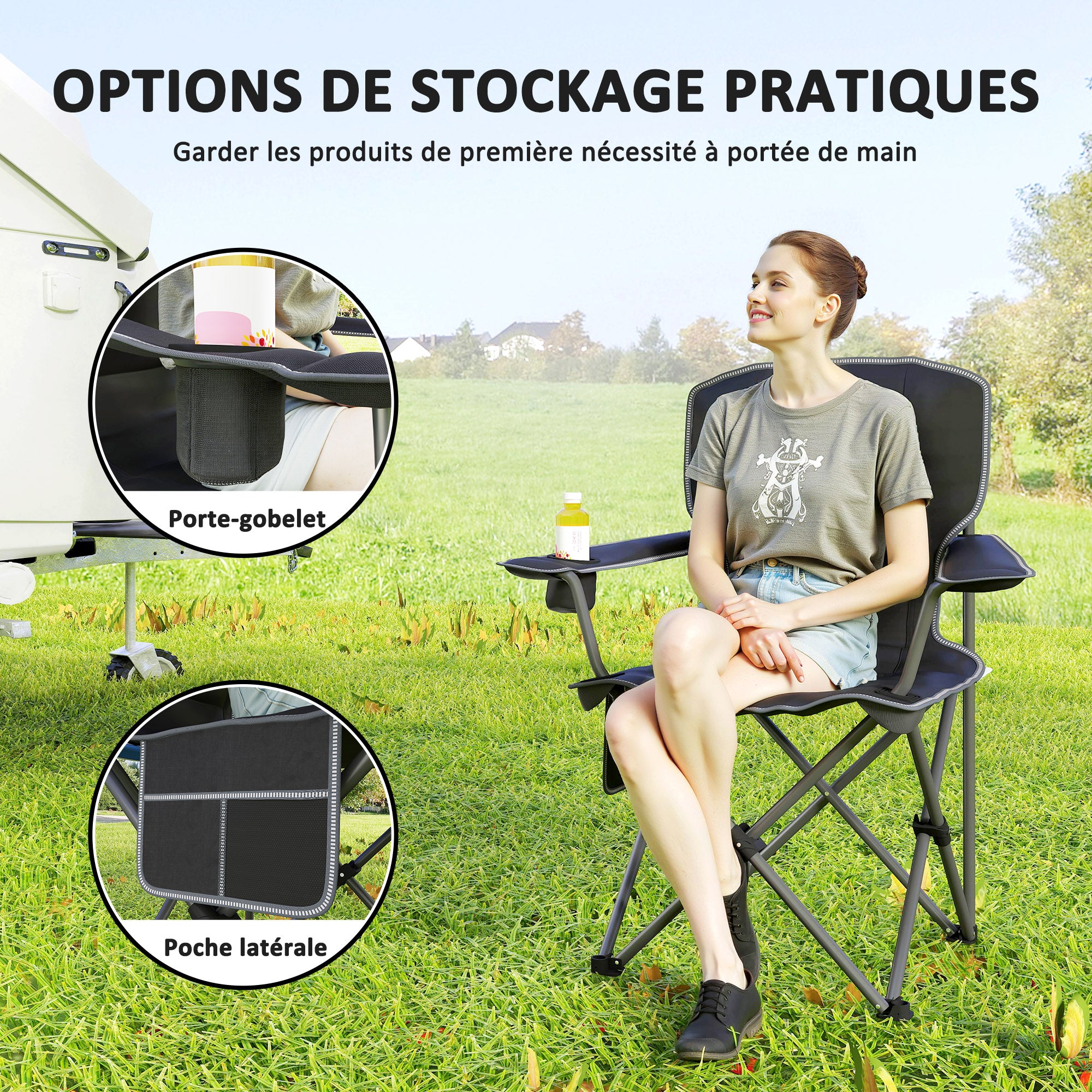Folding Camping Chair, Portable Fishing Chair, Padded Seat, Cup Holders, Side Pockets, and Carry Bag, Foldable Chair for Hiking, Fishing, Beach, and Picnic, Black