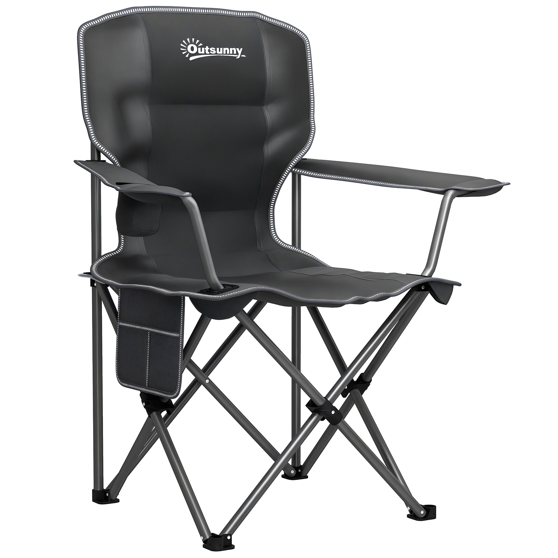 Folding Camping Chair, Portable Fishing Chair, Padded Seat, Cup Holders, Side Pockets, and Carry Bag, Foldable Chair for Hiking, Fishing, Beach, and Picnic, Black