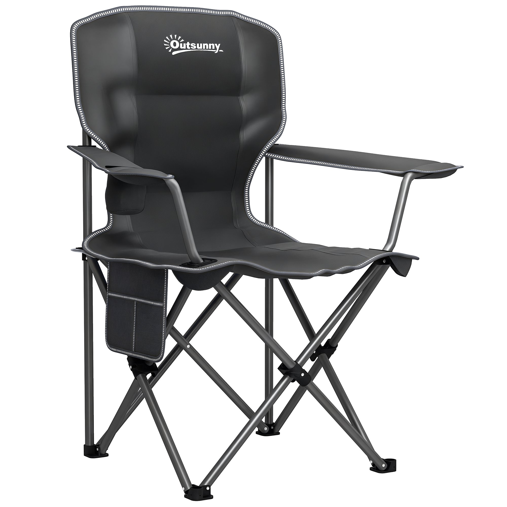 Folding Camping Chair, Portable Fishing Chair, Padded Seat, Cup Holders, Side Pockets, and Carry Bag, Foldable Chair for Hiking, Fishing, Beach, and Picnic, Black