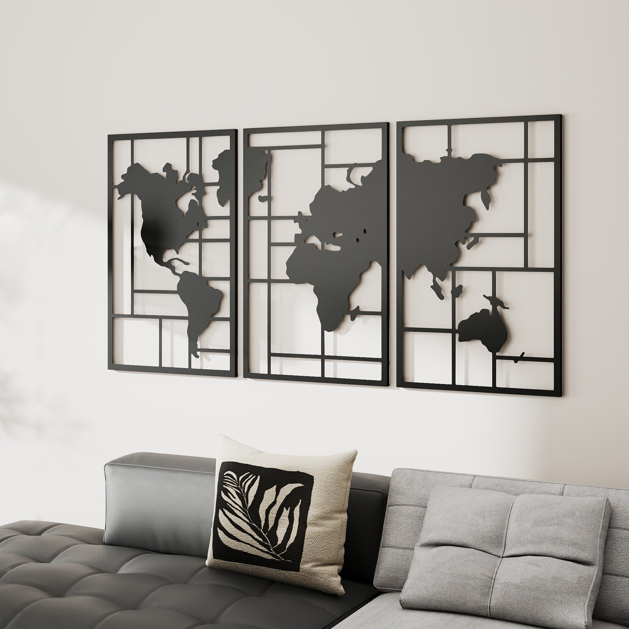 Metal World Map Wall Art, Set of 3, Black Geometric Metal Wall Decor for Living Room, Bedroom, Hallway